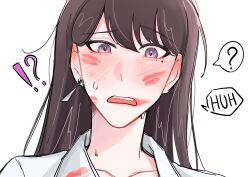 Rule 34 | !?, 1girl, ?, bang dream!, bang dream! it&#039;s mygo!!!!!, blush, brown hair, collared shirt, ear blush, earrings, highres, implied yuri, jewelry, lapis1719, lipstick mark, lipstick mark on face, long hair, looking at viewer, mole, mole under eye, open mouth, purple eyes, shiina taki, shirt, simple background, solo, spoken question mark, sweat, upper body, white background, white shirt