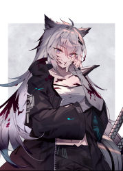 Rule 34 | 1girl, animal ears, arknights, blood, coat, licking finger, hair ornament, hairclip, lappland (arknights), licking, long hair, long sleeves, looking at viewer, grey eyes, silver hair, smile, solo, soukou makura, strapless, tube top, wolf, wolf ears