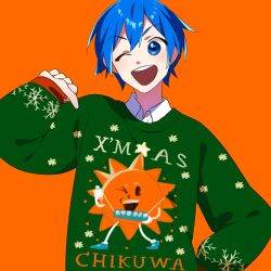 Rule 34 | 1boy, absurdres, blue eyes, blue hair, blush, chikuwa, christmas, collared shirt, commentary request, food, green sweater, hair between eyes, highres, kaito (vocaloid), male focus, one eye closed, open mouth, pointing, pointing at self, red background, shio ice, shirt, short hair, simple background, smile, snowflake print, sun, sweater, ugly sweater, upper body, vocaloid, white shirt