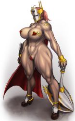 Rule 34 | armor, bikini armor, breasts, cape, chinbotsu, extreme muscles, gauntlets, greaves, huge breasts, jewelry, lots of jewelry, mask, muscular, pasties, pink hair, slingshot swimsuit, solo, swimsuit, war hammer, warhammer, weapon