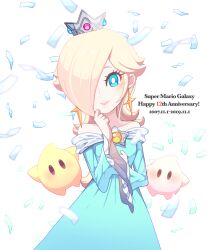 Rule 34 | 1girl, anniversary, aqua dress, bare shoulders, blonde hair, blue eyes, blue gemstone, blush, bright pupils, brooch, closed mouth, collarbone, commentary request, confetti, crown, dated, dress, earrings, english text, eyelashes, frilled sleeves, frills, gem, hair over one eye, hands up, hoshikuzu pan, jewelry, lips, long hair, long sleeves, looking at viewer, luma (mario), mario (series), mini crown, nintendo, off-shoulder dress, off shoulder, one eye covered, parted bangs, pink gemstone, rosalina, sidelocks, simple background, smile, star (symbol), star earrings, super mario galaxy, swept bangs, white background, white pupils, wide sleeves