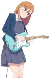 Rule 34 | 1girl, absurdres, blue jacket, closed mouth, collared shirt, commentary request, dress, electric guitar, fujimiz 511, grey dress, guitar, hair between eyes, highres, holding, holding instrument, instrument, jacket, leaning, long sleeves, looking down, love live!, love live! superstar!!, medium hair, neck ribbon, open clothes, open jacket, orange hair, pinafore dress, purple eyes, red ribbon, ribbon, school uniform, shibuya kanon, shirt, sleeveless, sleeveless dress, solo, standing, upper body, white background, white shirt, winter uniform, yuigaoka school uniform