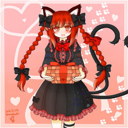 Rule 34 | 1girl, animal ears, bow, box, braid, cat ears, cat tail, gift, gift box, hair bow, happy valentine, heart, heart tail, highres, holding, holding gift, incoming gift, kaenbyou rin, mizuki ruu193, multiple tails, nekomata, pink background, red eyes, red hair, solo, tail, tail bow, tail ornament, touhou, twin braids, two tails, valentine
