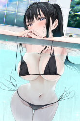 Rule 34 | 1girl, against glass, armpits, bikini, black bikini, black hair, blush, breast press, breasts, breasts on glass, cross-shaped pupils, finger writing, fingernails, groin, gyoku seisyoku, highres, large breasts, looking at viewer, navel, original, own hands together, partially submerged, partially underwater shot, ponytail, pool, side-tie bikini bottom, smile, solo, stomach, swimsuit, symbol-shaped pupils, thigh gap, underwater, untied bikini top