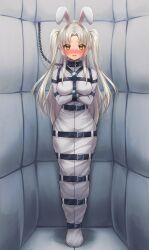 Rule 34 | 1girl, absurdres, animal ears, belt, blonde hair, blush, bound, bound arms, bound legs, breasts, chain, collar, commentary request, fake animal ears, highres, leno^a^, long hair, looking at viewer, medium breasts, original, padded room, padded walls, rabbit ears, sleepsack, standing, straitjacket, tearing up, two side up, yellow eyes