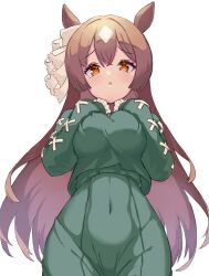 Rule 34 | 1girl, animal ears, breasts, commentary request, covered navel, cowboy shot, dress, ear ornament, green dress, green sweater, hands on own chest, highres, horse ears, horse girl, large breasts, light blush, long hair, long sleeves, looking at viewer, multicolored hair, open mouth, satono diamond (umamusume), sawara noa, simple background, solo, streaked hair, sweater, umamusume, white background, white hair, yellow eyes