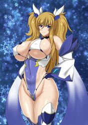 Rule 34 | 1girl, blonde hair, blue eyes, blue leotard, breasts, closed mouth, covered erect nipples, covered navel, curvy, detached sleeves, hand on own hip, highleg, highleg leotard, highres, huge breasts, leotard, long hair, looking at viewer, nado.e, onizaki kirara, revealing clothes, shiny skin, smile, snowflake background, solo, taimanin (series), taimanin rpgx, taimanin suit, thick thighs, thighs, thong leotard, twintails, very long hair, wide hips