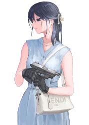 Rule 34 | 1girl, bag, black hair, blue dress, blue eyes, closed mouth, d-sawa613, dress, earrings, expressionless, fendi (brand), gun, hair ornament, hairclip, handbag, handgun, highres, holding, holding gun, holding weapon, jewelry, looking to the side, mechanix wear, original, shoulder bag, simple background, sleeveless, solo, trigger discipline, weapon, weapon request, white background