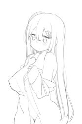 Rule 34 | 1girl, animated, animated gif, arknights, bbolalus, blinking, blush, bouncing breasts, breasts, greyscale, huge breasts, lineart, long hair, looking at viewer, monochrome, naked shirt, navel, open clothes, open shirt, puff of air, shirt, simple background, single off shoulder, skadi (arknights), sleeves past wrists, solo, unfinished, white background