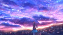 Rule 34 | 1girl, blue hair, blue skirt, cloud, cloudy sky, commentary request, from side, horizon, lens flare, long sleeves, looking at viewer, looking to the side, mittens, mountainous horizon, multicolored sky, original, outdoors, ponytail, rain, sakimori (hououbds), skirt, sky, solo, standing