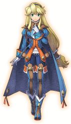 Rule 34 | 1girl, artist request, blonde hair, blue cape, blue footwear, blue hairband, blue pants, blue shirt, boots, cape, clarissa arwin, closed mouth, gloves, green eyes, hair between eyes, hairband, juliet sleeves, long hair, long sleeves, looking at viewer, low-tied long hair, official art, pants, puffy sleeves, shirt, sidelocks, simple background, smile, solo, thigh boots, thighhighs, very long hair, white background, white gloves, wild arms, wild arms: million memories, wild arms xf