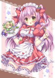 Rule 34 | 2girls, :d, ;d, apple hair ornament, apron, back bow, blonde hair, blueberry, blush, bow, commentary request, detached collar, dress, food, food-themed hair ornament, fork, frilled apron, frilled dress, frilled legwear, frills, fruit, green dress, green ribbon, hair ornament, hair ribbon, hairclip, heart, highres, holding, holding fork, holding plate, kouta., leaf, long hair, looking at viewer, maid, maid headdress, mini person, minigirl, multiple girls, neck ribbon, one eye closed, open mouth, original, pink hair, plate, puffy short sleeves, puffy sleeves, red dress, red ribbon, ribbon, short sleeves, sitting, smile, thighhighs, two side up, waist apron, white apron, white bow, white legwear, wrist cuffs, yellow eyes