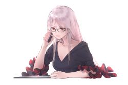 Rule 34 | 1girl, black dress, breasts, cleavage, closed mouth, collarbone, commentary, dress, english commentary, frilled sleeves, frills, glasses, highres, holding, holding stylus, long hair, original, red eyes, red lips, simple background, solo, stylus, tablet pc, upper body, white background, white hair, wudiyishileiyu