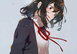 Rule 34 | 1girl, black eyes, black jacket, blush, brown hair, collared shirt, fly 333, grey background, hair between eyes, jacket, looking down, open mouth, red ribbon, ribbon, shirt, short hair, sidelocks, simple background, solo, upper body, wavy mouth, white shirt