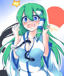 Rule 34 | 1girl, bare shoulders, blue eyes, blush, breasts, cleavage, collarbone, detached sleeves, fish, frog hair ornament, green hair, hair between eyes, hair ornament, hand fan, highres, kochiya sanae, large breasts, nintoku, open mouth, paper fan, snake, solo, touhou, uchiwa, upper body, wide sleeves