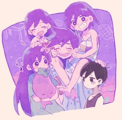 Rule 34 | 2girls, 3boys, antenna hair, aqua dress, aubrey (headspace) (omori), aubrey (omori), bare arms, bare shoulders, barefoot, black eyes, black hair, black tank top, blue pajamas, blush, border, bow, bright pupils, brother and sister, brothers, brown border, buttons, checkered clothes, checkered shirt, child, clenched teeth, closed eyes, closed mouth, collarbone, collared shirt, colored skin, dress, finger to mouth, fingersmile, hair behind ear, hair between eyes, hair bow, hand on another&#039;s head, hero (headspace) (omori), hero (omori), holding, holding stuffed toy, kel (headspace) (omori), kel (omori), long hair, looking at another, mari (headspace) (omori), mari (omori), mnmn0406, mr. plantegg (omori), multiple boys, multiple girls, neckerchief, no pupils, omori, omori (omori), open mouth, outdoors, outline, pajamas, pink bow, purple eyes, purple hair, purple shorts, purple sky, red neckerchief, shirt, short hair, short sleeves, shorts, siblings, sitting on shoulder, sky, smile, sparkle, striped clothes, striped shirt, stuffed eggplant, stuffed toy, sweatdrop, tank top, teeth, v-shaped eyebrows, vertical-striped clothes, vertical-striped pajamas, vertical-striped shirt, white outline, white pupils, white skin