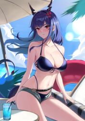 Rule 34 | 1girl, absurdres, arknights, beach umbrella, bikini, blue bikini, blue hair, blue sky, bodam, breasts, ch&#039;en (arknights), ch&#039;en the holungday (arknights), ch&#039;en the holungday (elite ii) (arknights), cloud, commentary, cup, day, dragon horns, drinking glass, drinking straw, flower, grey shorts, hair flower, hair ornament, highres, horns, large breasts, long hair, micro shorts, navel, open fly, red eyes, red flower, shorts, sitting, sky, solo, stomach, swimsuit, thighs, umbrella