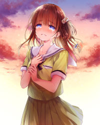 Rule 34 | 1girl, bad id, bad pixiv id, blue bow, blue eyes, blush, bow, braid, breasts, brown hair, cloud, clutching chest, collarbone, commentary request, cover image, crying, crying with eyes open, double horizontal stripe, fingernails, floating hair, fukakai na boku no subete wo, hair between eyes, hair bow, hair ornament, hand on own chest, hand on own wrist, konayama kata, mizunoe kotone, one side up, parted lips, pleated skirt, purple eyes, sailor collar, school uniform, serafuku, shirt, short hair, side braid, skirt, sky, small breasts, solo, tears, wavy mouth, white sailor collar, yellow serafuku, yellow shirt, yellow skirt