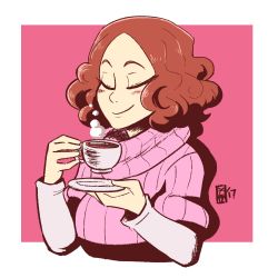 Rule 34 | 10s, 1girl, absurdres, blush, brown hair, cup, closed eyes, highres, long sleeves, okumura haru, persona, persona 5, pink background, ribbed sweater, saucer, scruffyturtles, solo, steam, sweater, teacup, turtleneck, turtleneck sweater
