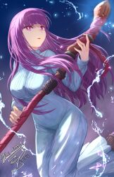 Rule 34 | 1girl, blunt bangs, breasts, dress, fern (sousou no frieren), floating, highres, holding, holding staff, large breasts, long hair, long sleeves, looking at viewer, mage staff, magic, mochachiiino, open mouth, purple eyes, purple hair, sidelocks, solo, sousou no frieren, staff, straight hair, tight clothes, tight dress, white dress