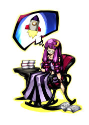 Rule 34 | 1girl, absurdres, bare shoulders, book, breasts, chair, closed eyes, crescent, crescent hair ornament, dreaming, dress, female focus, glasses, hair ornament, highres, huge breasts, large breasts, long hair, open book, open mouth, patchouli knowledge, purple hair, rocket, rocking chair, sentarou, shoes, simple background, sitting, sleeping, solo, touhou