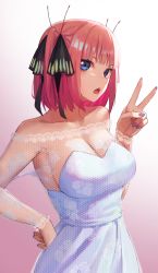 Rule 34 | 1girl, bare shoulders, black ribbon, blue eyes, blunt bangs, blush, breasts, butterfly hair ornament, cleavage, collarbone, commentary request, dress, eyebrows hidden by hair, floral print, from side, go-toubun no hanayome, gomashiwo o, gradient background, hair ornament, hair ribbon, hand on own hip, hand up, highres, lace trim, large breasts, long sleeves, looking at viewer, multicolored nails, nail art, nail polish, nakano nino, off-shoulder dress, off shoulder, open mouth, pink hair, ribbon, short hair, sideboob, simple background, twintails, upper body, v, v-shaped eyebrows, wedding dress, white dress