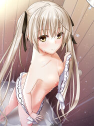 Rule 34 | 1girl, ass, barefoot, bikini, black ribbon, bra, breasts, butt crack, cleavage, collarbone, drain (object), dripping, eyes visible through hair, fingernails, grey hair, hair ribbon, highres, holding, holding bra, holding clothes, holding underwear, kasugano sora, light blush, long hair, looking at viewer, nipples, nyabe, partially undressed, ribbon, shower head, showering, sidelocks, small breasts, smile, solo, sparkle, swimsuit, twintails, underwear, undressing, very long hair, water drop, wet, white bikini, wooden wall, yellow eyes, yosuga no sora