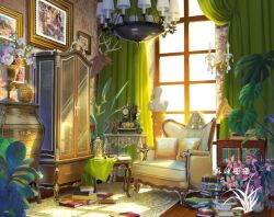 Rule 34 | artist logo, book, book stack, bust (sculpture), chair, chandelier, curtains, cushion, deer head, flower, indoors, no humans, original, painting (object), pink flower, plant, scenery, table, taxidermy, trophy head, window, xingzhi lv
