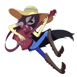 Rule 34 | :d, adventure time, black hair, blouse, boots, colored skin, elbow gloves, fangs, floating, floating hair, formal, full body, gloves, grey skin, guitar, hair between eyes, hat, highres, instrument, knee boots, long hair, marceline abadeer, open mouth, pant suit, pants, red shirt, red tank top, shirt, skewedcanvas, smile, solo, suit, tank top, v-shaped eyebrows, very long hair, white background, yellow hat