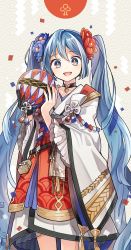 Rule 34 | 1girl, :d, ball, black gloves, blue eyes, blue flower, blue hair, box, choker, commentary request, confetti, cowboy shot, flower, frilled sleeves, frills, gloves, hair flower, hair ornament, hatsune miku, highres, holding, holding ball, japanese clothes, kimono, long hair, long sleeves, nail polish, open mouth, orange nails, orange pupils, red flower, red sun, seigaiha, shide, sidelocks, single glove, smile, solo, tama (songe), tassel, temari ball, twintails, very long hair, vocaloid, wide sleeves
