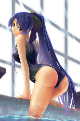 Rule 34 | 1girl, ass, blue hair, breasts, brown eyes, competition swimsuit, eiyuu densetsu, falcom, female focus, jas (kda10457), laura s. arseid, long hair, md5 mismatch, one-piece swimsuit, ponytail, pool, resolution mismatch, sen no kiseki, solo, source larger, swimsuit, wet