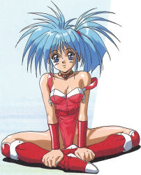 Rule 34 | 1990s (style), 1girl, blue eyes, blue hair, boots, bracer, breasts, choker, cleavage, corque lans, faussete amour, full body, indian style, knee boots, leotard, long hair, looking at viewer, makino ryuuichi, non-web source, official art, red footwear, retro artstyle, ryuichi makino, shiny skin, sitting, small breasts, smile, solo, strap slip