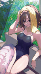 Rule 34 | 1girl, 1other, absurdres, armpits, black one-piece swimsuit, bottle, breasts, brown hair, chain-link fence, cleavage, feet out of frame, fence, geema-geema, giving, highres, higuchi madoka, holding, holding bottle, holding towel, idolmaster, idolmaster shiny colors, looking at viewer, medium breasts, one-piece swimsuit, pov, pov hands, school swimsuit, sitting, swimsuit, thigh gap, towel