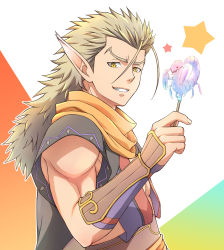Rule 34 | 1boy, abs, ainu clothes, aquaplus, arm up, blonde hair, candy, food, from side, gauntlets, grin, long hair, looking at viewer, manyu274, messy hair, mikazuchi (utawarerumono), muscular, muscular male, orange scarf, pointy ears, scarf, short sleeves, smile, solo, teeth, upper body, utawarerumono, utawarerumono: itsuwari no kamen, yellow eyes