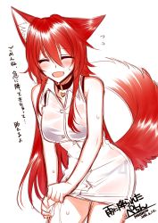 Rule 34 | 1girl, :d, animal ears, black choker, blush, choker, collared dress, commentary request, dated, dress, embarrassed, closed eyes, facing viewer, fang, flying sweatdrops, fox ears, fox tail, heart, konshin, open mouth, original, red hair, short dress, signature, simple background, smile, solo, sweatdrop, tail, translation request, white background, white dress, wing collar, wringing clothes