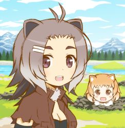 Rule 34 | 10s, 2girls, american beaver (kemono friends), animal ears, antenna hair, beaver ears, bikini, bikini top only, black-tailed prairie dog (kemono friends), blush stickers, breasts, brown eyes, cleavage, cloud, day, dog ears, fur collar, grass, grey hair, hair ornament, hairclip, kemono friends, light brown hair, looking at viewer, medium breasts, mountain, multiple girls, nature, on ground, open mouth, outdoors, pine tree, portrait, river, shiumai, short hair, sky, smile, swimsuit, torn clothes, torn sleeves, tree, upper body