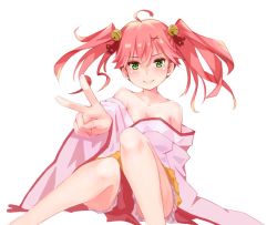 Rule 34 | 1girl, ahoge, alternate costume, alternate hairstyle, bare shoulders, bell, blush, breasts, cleavage, collarbone, green eyes, hair bell, hair between eyes, hair ornament, hairclip, highres, hololive, knees, long hair, looking at viewer, loose clothes, medium breasts, pink hair, sakura miko, sitting, smile, solo, tmo-cat, twintails, v, virtual youtuber, white background, x hair ornament