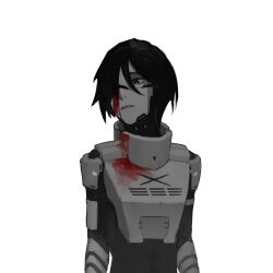 Rule 34 | 1girl, absurdres, android, black hair, blood, elster (signalis), hair over one eye, highres, joints, looking to the side, metal skin, robot girl, robot joints, short hair, signalis, tagme, white background, yanteeone