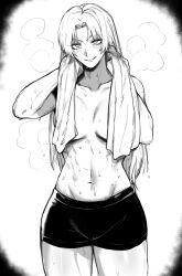 Rule 34 | 1girl, absurdres, breasts, collarbone, commentary, english commentary, greyscale, highres, jujutsu kaisen, large breasts, long hair, looking at viewer, masoq, monochrome, navel, parted lips, short shorts, shorts, simple background, smile, solo, steaming body, toned, topless, towel, towel around neck, tsukumo yuki (jujutsu kaisen), wiping sweat