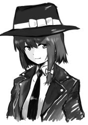 Rule 34 | 1girl, absurdres, bow, buttons, fedora, greyscale, hat, hat bow, hat ribbon, highres, jacket, leather, leather jacket, monochrome, necktie, ribbon, sen (daydream 53), shirt, smile, solo, touhou, upper body, usami renko, white bow, white shirt