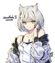 Rule 34 | 1girl, animal ears, breasts, camisole, cat ears, chest jewel, jacket, looking at viewer, mio (xenoblade), pleated skirt, saitou masatsugu, short hair, shoulder strap, simple background, skirt, small breasts, solo, tank top, white camisole, white hair, white jacket, white skirt, white tank top, xenoblade chronicles (series), xenoblade chronicles 3, yellow eyes