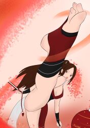 1girl absurdres barefoot brown_eyes brown_hair fatal_fury feet hand_fan high_kick highres kicking long_hair looking_at_viewer mumei-san open_mouth ponytail shiranui_mai soles split stirrup_legwear street_fighter toeless_legwear toes