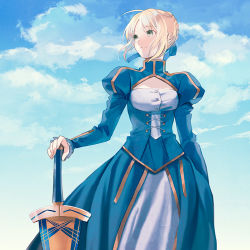 Rule 34 | 1girl, ahoge, artoria pendragon (fate), avalon (fate/stay night), bad id, bad pixiv id, blonde hair, dress, excalibur (fate/stay night), fate/stay night, fate (series), green eyes, hand on hilt, planted sword, planted, saber (fate), sheath, sheathed, solo, sword, taa (acid), weapon