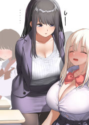 Rule 34 | 3girls, black hair, bow, bowtie, bra, breasts, button gap, buttons, cleavage, commentary request, drooling, kaisen chuui, large breasts, looking at another, multiple girls, open mouth, original, pantyhose, purple eyes, purple skirt, red neckwear, saliva, shirt, short hair, simple background, skirt, sleeping, underwear, vest, white background, white hair, white shirt