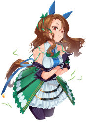 Rule 34 | 1girl, absurdres, animal ears, bare shoulders, black gloves, bow, breasts, brown hair, cowboy shot, dress, ear covers, eltir, gloves, green bow, green dress, hair between eyes, highres, horse ears, horse girl, horse tail, king halo (umamusume), lace, lace-trimmed legwear, lace trim, layered skirt, looking at viewer, medium breasts, skirt, smile, solo, sweat, tail, umamusume, wavy hair, white background