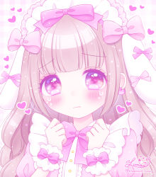 Rule 34 | 1girl, animal ears, blush, bow, brown hair, closed mouth, commentary request, crying, crying with eyes open, dress, earrings, floppy ears, hair bow, hands up, heart, heart earrings, heart in eye, highres, himetsuki luna, jewelry, long hair, original, pink bow, pink dress, plaid, plaid background, puffy sleeves, purple bow, purple eyes, rabbit ears, signature, solo, symbol in eye, tears, twitter username, upper body, wavy mouth, wrist cuffs