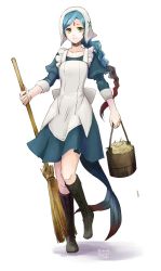 Rule 34 | 1girl, apron, blue hair, braid, broom, facial mark, fire emblem, fire emblem fates, forehead mark, full body, holding, holding broom, lilith (fire emblem), long hair, multicolored hair, nintendo, red hair, robaco, simple background, single braid, solo, two-tone hair, white background, yellow eyes