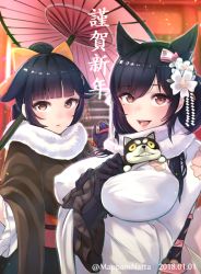 Rule 34 | 2018, 2girls, :d, animal, animal ears, atago (azur lane), atago (hallmarks of winter) (azur lane), azur lane, between breasts, black gloves, black hair, black kimono, blunt bangs, blurry, blush, bow, breasts, brown eyes, covered erect nipples, dated, depth of field, dog, dog ears, extra ears, eyebrows, eyes visible through hair, floral print, flower, frilled sleeves, frills, gloves, hair bow, hair flower, hair ornament, hair ribbon, high ponytail, holding, holding umbrella, japanese clothes, kimono, large breasts, light particles, lips, long hair, long sleeves, mappaninatta, mole, mole under eye, multiple girls, new year, obi, oil-paper umbrella, open mouth, orange bow, pink lips, pink umbrella, puppy, ribbon, sash, scarf, shiba inu, smile, stairs, takao (azur lane), teeth, text focus, tongue, torii, tsurime, twitter username, umbrella, upper body, white kimono, white ribbon, white scarf, wide sleeves