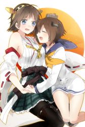 Rule 34 | 10s, 2girls, :d, ^ ^, black legwear, blue eyes, brown hair, closed eyes, closed eyes, frilled skirt, frills, hair ornament, hairband, holding hands, hiei (kancolle), kantai collection, multiple girls, nontraditional miko, open mouth, pantyhose, plaid, plaid skirt, ribbon-trimmed sleeves, ribbon trim, short hair, sino (sionori), skirt, smile, thighhighs, yukikaze (kancolle)