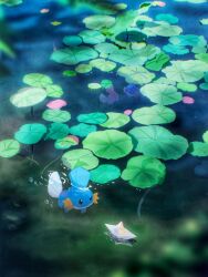 Rule 34 | alternate color, arc draws, blurry, commentary request, creatures (company), day, game freak, gen 3 pokemon, highres, lily pad, mudkip, nintendo, no humans, outdoors, pokemon, pokemon (creature), ripples, shiny pokemon, swimming, water